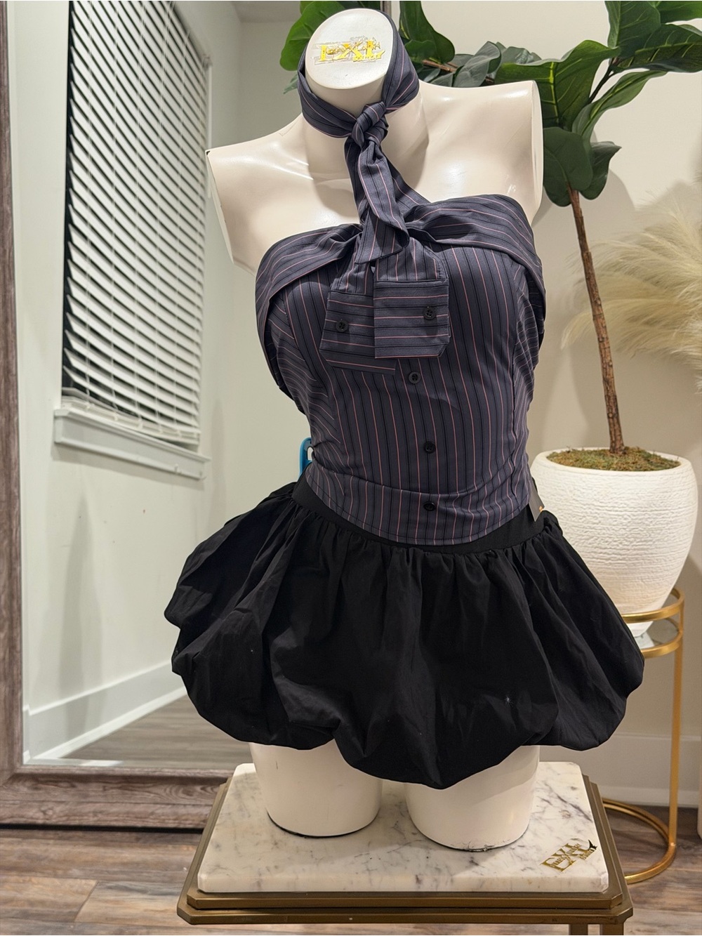 Striped Halter Tie-Neck Top with Black Bubble Skirt